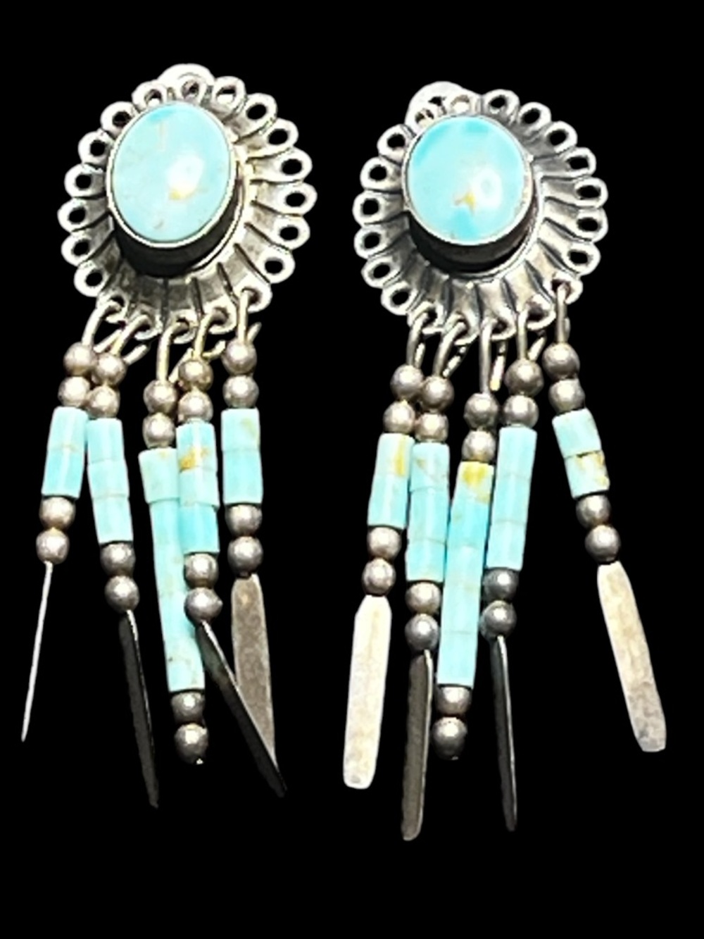 Vintage Native American Sterling Silver Turquoise Dangle Silver Clip On Earrings